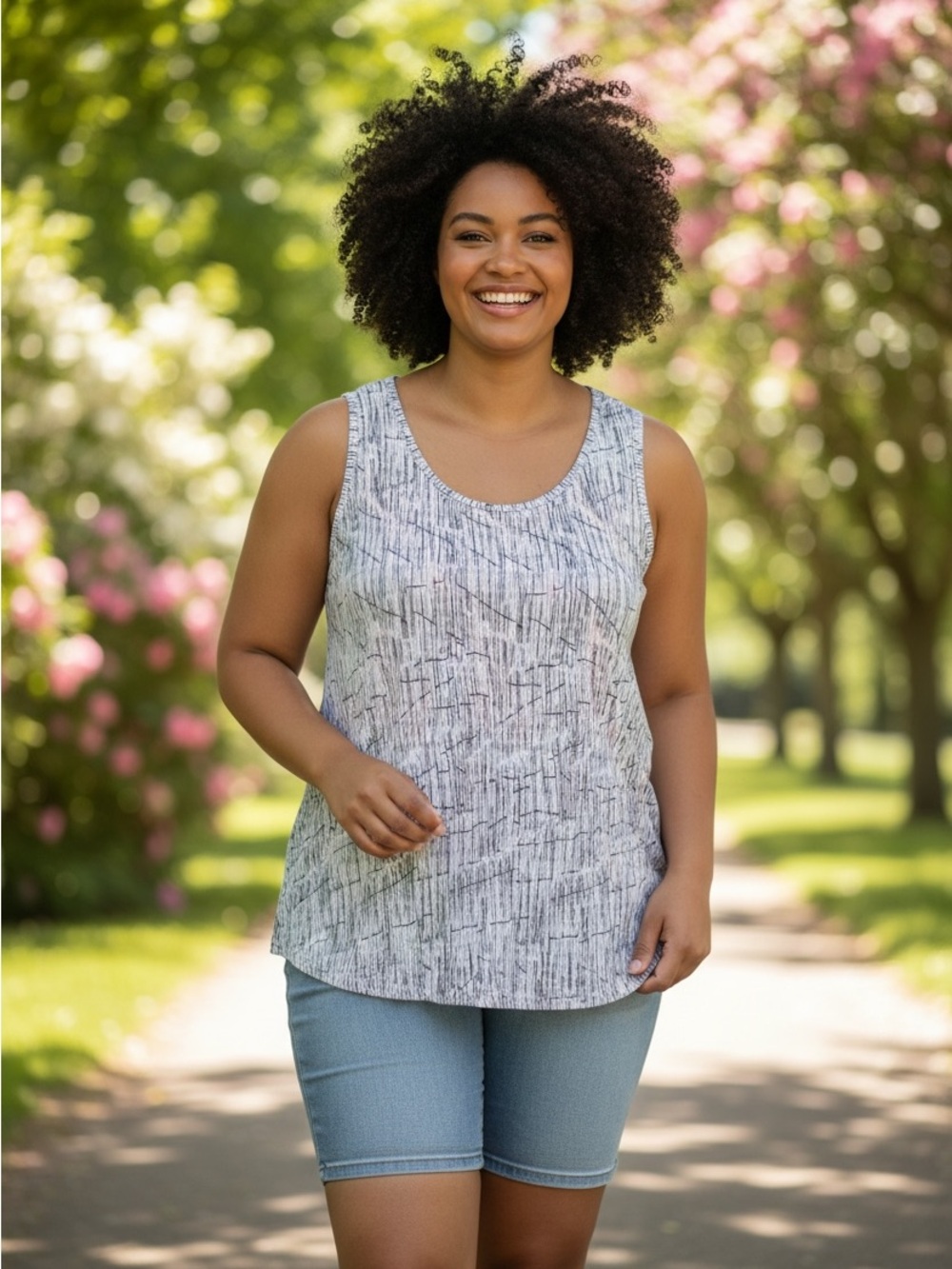 Textured Scoop Neck Tank Top-Light Gray with Pink Accents - Picture 3 of 3